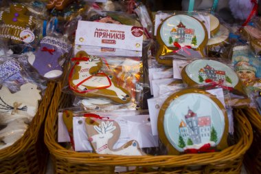 Kiev, Ukrayna - 16 Aralık 2018: Noel gingerbread çerezleri Kiev fuarda yeni yıl'ın üzerinde