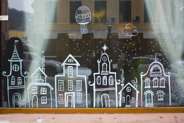 Kyiv Ukraine Januar 2019 Café Window Mit Weihnachtlicher Dekoration Mit — Stockfoto