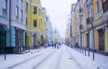 Kiev, Ukrayna - 6 Ocak 2019: Kış eski kasaba Kiev mimari Vozdvizhenka bölge