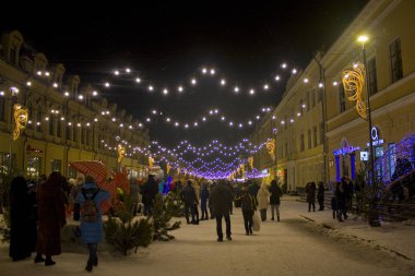 Kiev, Ukrayna - 6 Ocak 2019: Podil Kiev Noel Caddesi
