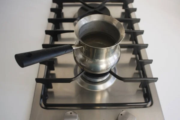 Turk Voor Koffie Metalen Gaskachel Moderne Keuken — Stockfoto