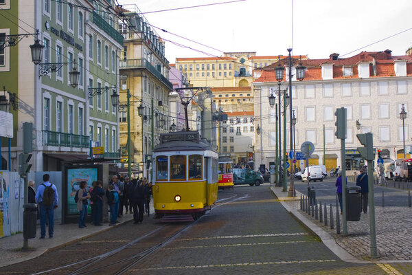LISBON, PORTUGAL - March 1, 2019: Famous yellow tram in Lisbon