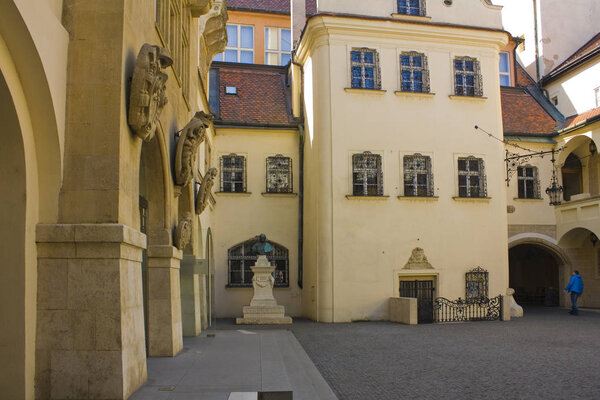 BRATISLAVA, SLOVAKIA - April 1, 2019: Courtyard of Old Town Hall (Bratislava City Museum (Mestske Muzeum)) on Main square in Bratislava