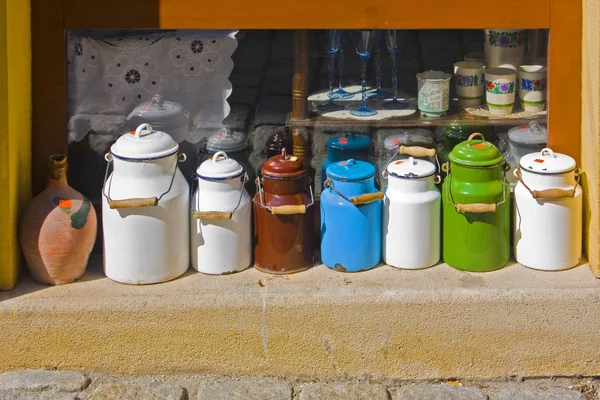 Bratislava Slovakia April 2019 Colorful Milk Cans Antiquarian Store Bratislava — Stock Photo, Image