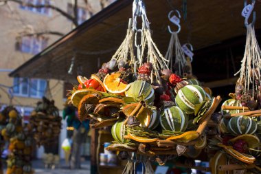 BRATISLAVA, SLOVAKIA - April 1, 2019: Dried fruit, spices, scenting decorations - original souvenir from Bratislava clipart