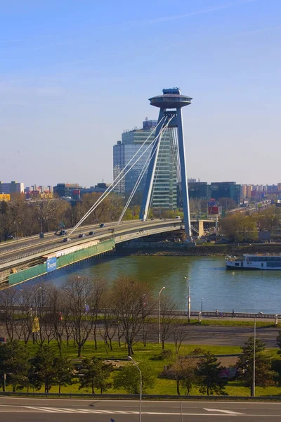 BRATISLAVA, SLOVAKIA - April 1, 2019:  View of new bridge and Danube river in Bratislava