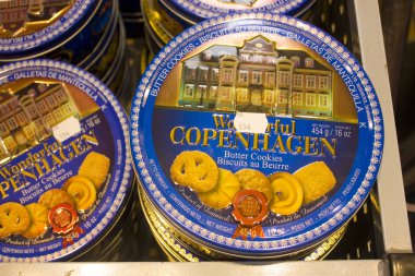 Kopenhag, Danimarka-25 Mayıs 2019: harika Copenhagen Butter Cookie Danimarka 'dan güzel bir hatıra