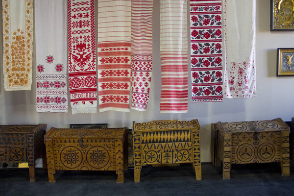 KYIV, UKRAINE - June 6, 2019: Old ukrainian embroidered towels - rushnyk