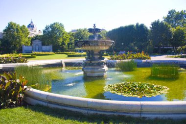 Viyana, Avusturya - 30 Haziran 2019: Volksgarten'daki güzel çeşme (Halk Bahçesi) - Viyana'daki halka açık park
