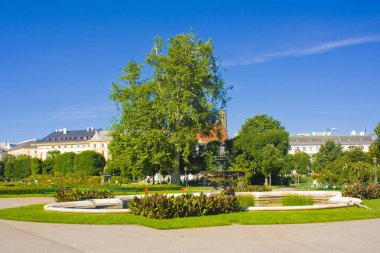 Viyana, Avusturya - 30 Haziran 2019: Volksgarten'daki güzel çeşme (Halk Bahçesi) - Viyana'daki halka açık park