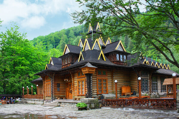 Yaremche, UKRAINE - June 10, 2019: Restaurant Hutsulshchyna (wooden frame) in Yaremche