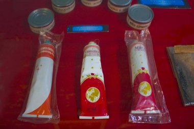 Pereyaslav-Khmelnitsky, Ukraine - Jule 25, 2019: Food astronauts in tubes in osmos Museum in Pereyaslav-Khmelnitsky clipart