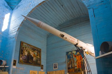 Pereyaslav-Khmelnitsky, Ukraine - Jule 25, 2019: Three-stage rocket Yantar in Cosmos Museum in Pereyaslav-Khmelnitsky clipart