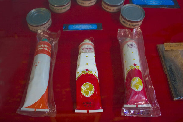Pereyaslav-Khmelnitsky, Ukraine - Jule 25, 2019: Food astronauts in tubes in osmos Museum in Pereyaslav-Khmelnitsky