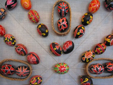 Kolomyia, Ukrayna - 15 Haziran 2019: Ukrayna'nın Ivano-Frankivsk bölgesi, Kolomyia'daki Pysanka Müzesi'nde Paskalya yumurtaları