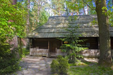 Buzova, Ukrayna - 2 Haziran 2019: Buzova'daki Etnocomplex Ukrayna köyünde eski ahşap Ukrayna evi