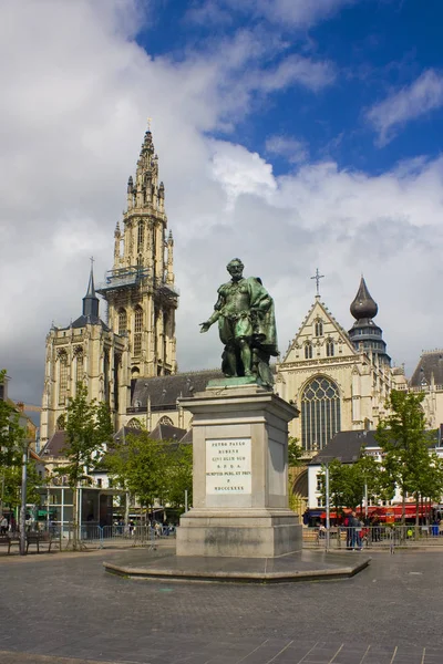 Monument Peter Paul Rubens Groenplaats Front Cathedral Our Lady Antwerp — Stock Photo, Image