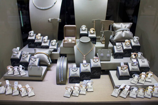 ANTWERP, BELGIUM - May 2, 2019: Display window of a diamond shop in Antwerp