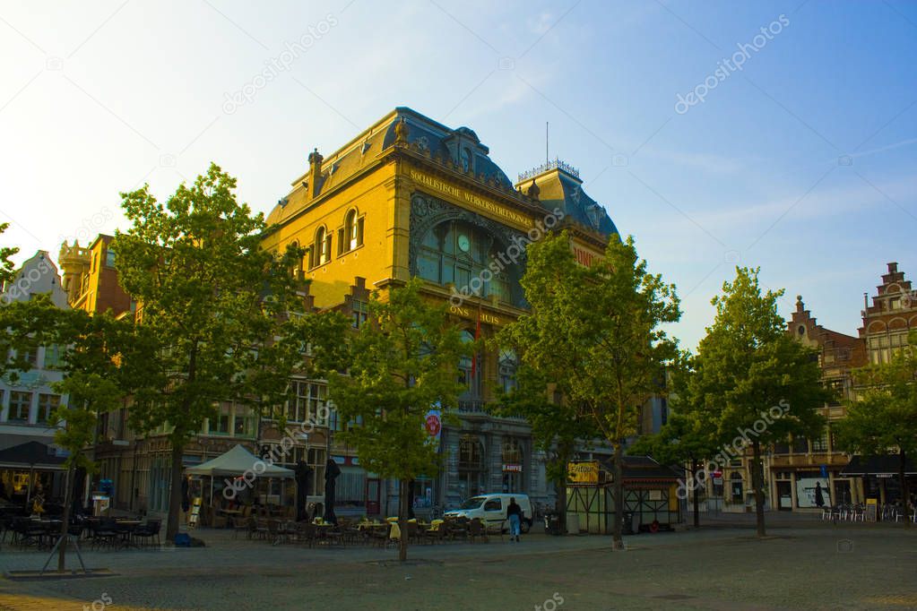 GHENT, BELGIUM - May 3, 2019: The building of Bond Moyson at Friday Market Square in Ghent