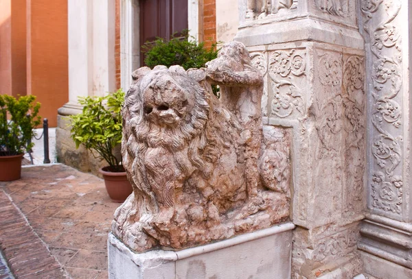 意大利佩萨罗圣阿戈斯蒂诺教堂附近的大理石狮子 — 图库照片