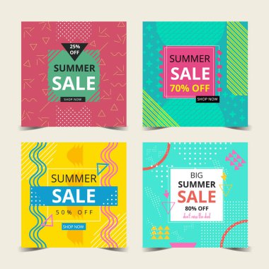 Yaz kart koleksiyonu Memphis tarzı renkli arka plan ile. Tebrik ve davetiye kartı, el ilanı, afiş, arka plan, zemin kullanmak olabilir. vektör çizim