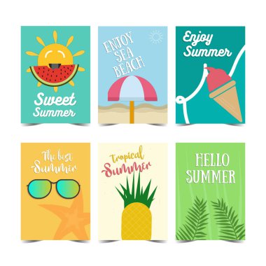 Yaz Poster tasarım kümesi. Çizimler vektör yaz tatil, seyahat ve tatil, Restoran ve bar, menü, bölüm ve plaj tatil.
