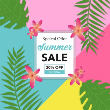 Palmiye yaprakları ve güzel çiçek ile soyut yaz satışı arka plan. Sosyal medya, Web, banner, Flyer, broşür için yaz satışı Banner şablonu.