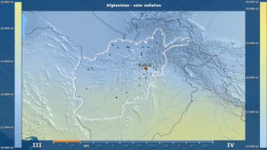 Aya göre güneş radyasyonu animasyonlu efsanesi - İngilizce etiketleri ile Afganistan alanında: ülke ve sermaye adları, açıklama göster. Sterografik projeksiyon