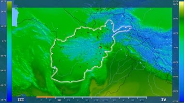 Animasyonlu efsanesi - parlayan şekli, idari sınırları, ana şehirler, sermaye ile Afganistan alanında ortalama sıcaklık aya göre. Sterografik projeksiyon