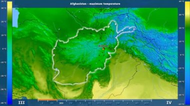 Aya göre maksimum sıcaklık animasyonlu efsanesi - İngilizce etiketleri ile Afganistan alanında: ülke ve sermaye adları, açıklama göster. Sterografik projeksiyon