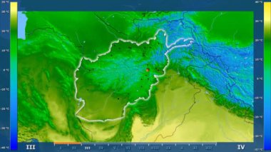 Animasyonlu efsanesi - parlayan şekli, idari sınırları, ana şehirler, sermaye ile Afganistan alanında maksimum sıcaklık aya göre. Sterografik projeksiyon