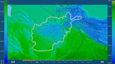 Animasyonlu efsanesi - parlayan şekli, idari sınırları, ana şehirler, sermaye ile Afganistan alanında minimum sıcaklığı aya göre. Sterografik projeksiyon