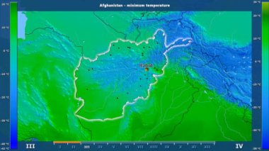 Afganistan alanda animasyonlu gösterge - İngilizce etiketleri ile aya göre minimum sıcaklığı: ülke ve sermaye adları, açıklama göster. Sterografik projeksiyon
