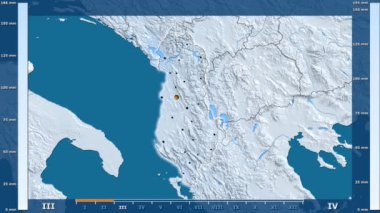 Animasyonlu efsanesi - parlayan şekli, idari sınırları, ana şehirler, sermaye ile Arnavutluk alan yağış aya göre. Sterografik projeksiyon