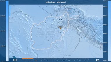 Rüzgar hızı aya göre animasyonlu efsanesi - İngilizce etiketleri ile Afganistan alanında: ülke ve sermaye adları, açıklama göster. Sterografik projeksiyon