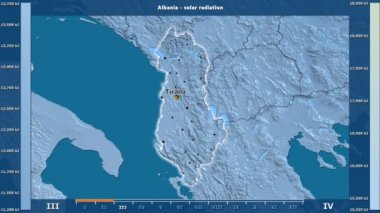 Aya göre güneş radyasyonu ile animasyonlu gösterge - İngilizce Etiketler Arnavutluk alanında: ülke ve sermaye adları, açıklama göster. Sterografik projeksiyon