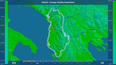 Ortalama sıcaklık ay tarafından animasyonlu gösterge - İngilizce Etiketler Arnavutluk bölge: ülke ve sermaye adları, açıklama göster. Sterografik projeksiyon