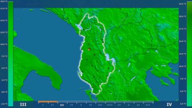 Animasyonlu efsanesi - parlayan şekli, idari sınırları, ana şehirler, sermaye ile Arnavutluk alanında maksimum sıcaklık aya göre. Sterografik projeksiyon