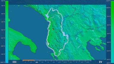 Animasyonlu efsanesi - parlayan şekli, idari sınırları, ana şehirler, sermaye ile Arnavutluk alanında minimum sıcaklığı aya göre. Sterografik projeksiyon