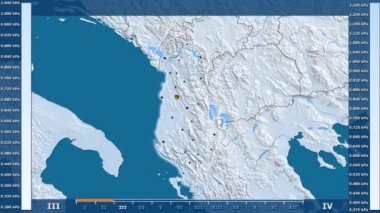 Animasyonlu efsanesi - parlayan şekli, idari sınırları, ana şehirler, sermaye ile Arnavutluk bölgesinde su buharı basıncı aya göre. Sterografik projeksiyon