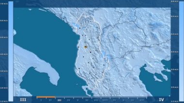 Hız animasyonlu efsanesi - parlayan şekli, idari sınırları, ana şehirler, sermaye ile Arnavutluk alanında aya göre rüzgar. Sterografik projeksiyon