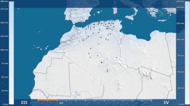 Animasyonlu gösterge - parlayan şekli, idari sınırları, ana şehirler, sermaye ile Cezayir bölgede yağış aya göre. Sterografik projeksiyon