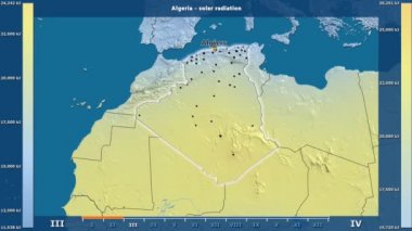 Aya göre güneş radyasyonu animasyonlu efsanesi - İngilizce etiketleri ile Cezayir alanında: ülke ve sermaye adları, açıklama göster. Sterografik projeksiyon