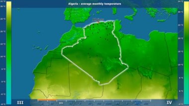 Ortalama sıcaklık ay tarafından animasyonlu efsanesi - İngilizce etiketleri ile Cezayir alanında: ülke ve sermaye adları, açıklama göster. Sterografik projeksiyon