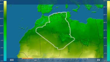Animasyonlu efsanesi - parlayan şekli, idari sınırları, ana şehirler, sermaye ile Cezayir alanında ortalama sıcaklık aya göre. Sterografik projeksiyon