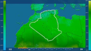 Animasyonlu efsanesi - parlayan şekli, idari sınırları, ana şehirler, sermaye ile Cezayir alanında minimum sıcaklığı aya göre. Sterografik projeksiyon