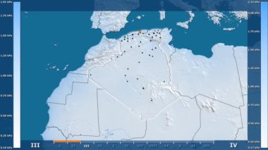 Animasyonlu gösterge - parlayan şekli, idari sınırları, ana şehirler, sermaye ile Cezayir bölgede su buharı basıncı aya göre. Sterografik projeksiyon