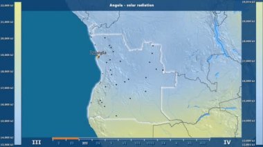 Aya göre güneş radyasyonu animasyonlu efsanesi - İngilizce etiketleri ile Angola alanında: ülke ve sermaye adları, açıklama göster. Sterografik projeksiyon