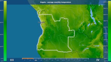Ortalama sıcaklık ay tarafından animasyonlu efsanesi - İngilizce etiketleri ile Angola alanında: ülke ve sermaye adları, açıklama göster. Sterografik projeksiyon