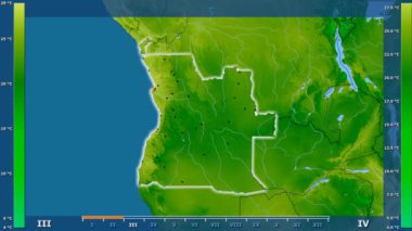 Animasyonlu efsanesi - parlayan şekli, idari sınırları, ana şehirler, sermaye ile Angola alanında ortalama sıcaklık aya göre. Sterografik projeksiyon